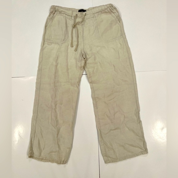 M&S Collection Pure Linen Wide Leg Drawstring Oatmeal Pants Size M Lagenlook - Picture 1 of 6